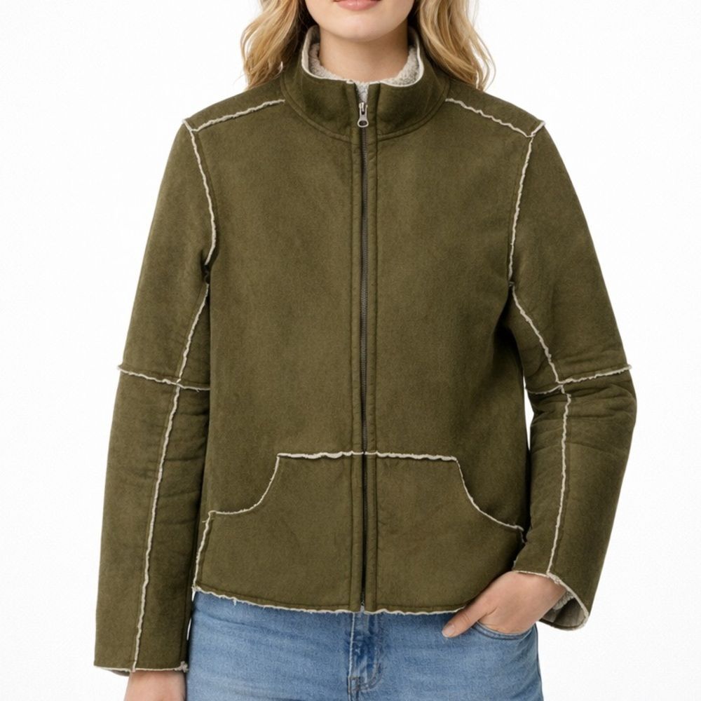 Natural Reflections Green Faux Suede Jacket Shearling Sherpa Size Large Y2k